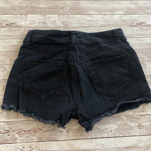 2B Bebe Black Eyelet Lace Overlay Distressed Jean Shorts - Picture 3 of 8